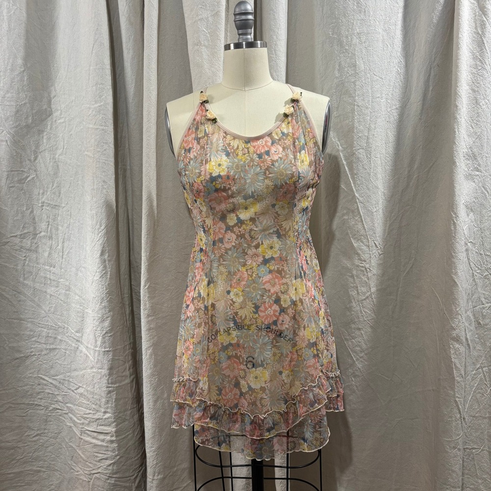 Floral Mesh Mini Dress Sheer Ruffle Hem Rosette Straps Open Back Pastel Large
